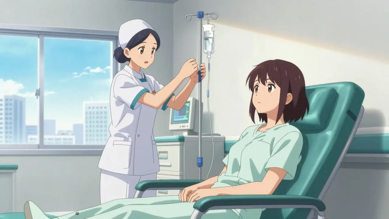 Shounen anime scene of a patient receiving IV steroid treatment in a hospital