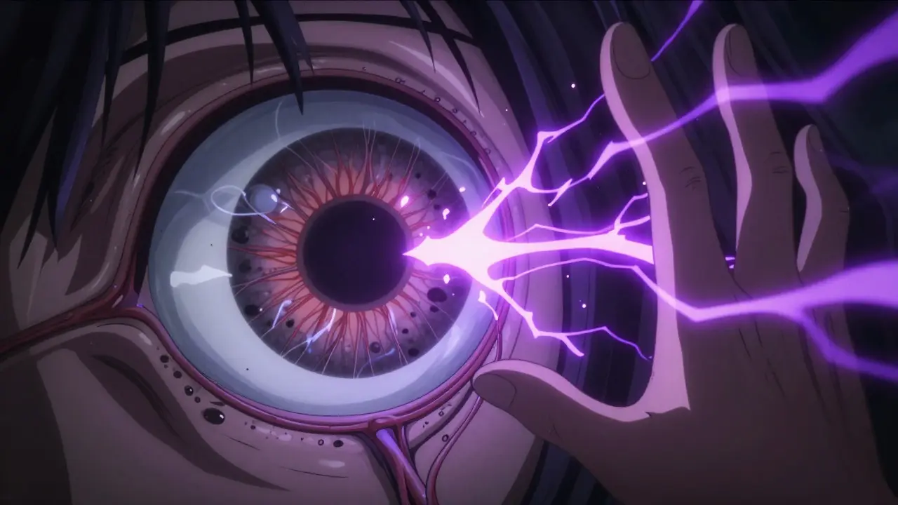 Stylized anime eye cross-section showing blocked fluid drainage and building purple pressure energy.