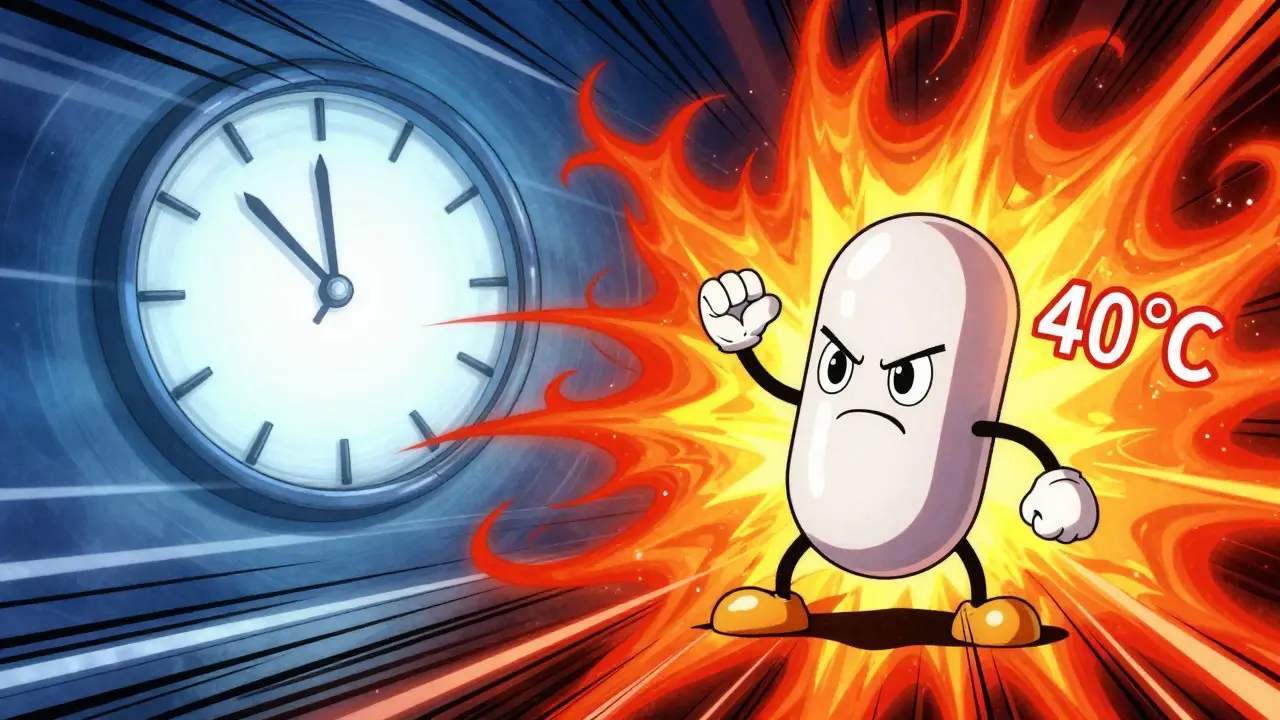 Stylized anime pill character defending against heat waves and a spinning clock.