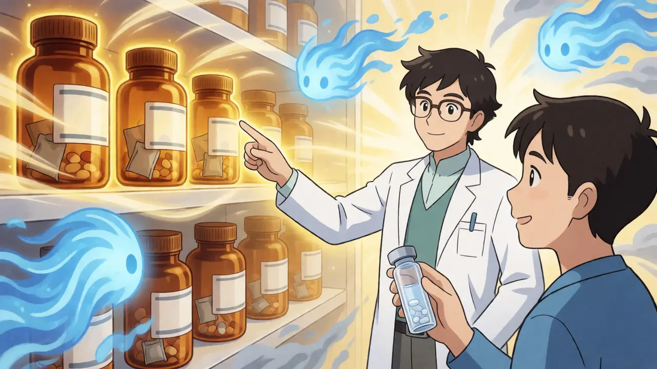 Amber bottles protecting pills from UV and humidity in anime art