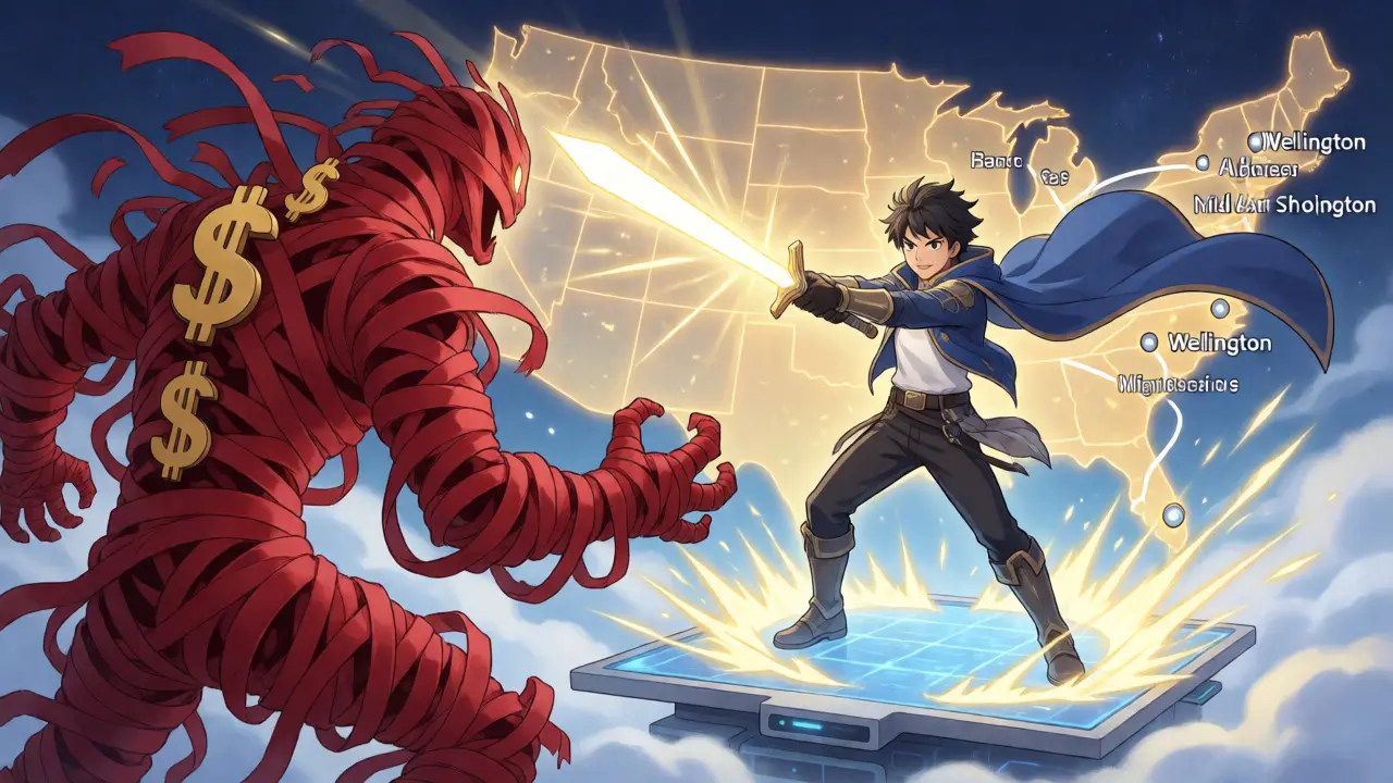 Anime hero fighting a monster of hidden fees with a light sword