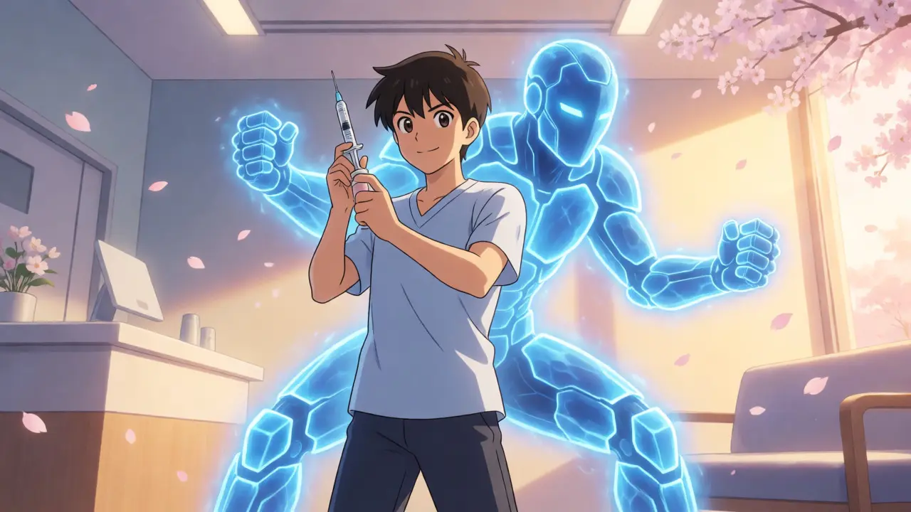 Anime patient protected by spectral armor against joint pain in clinic