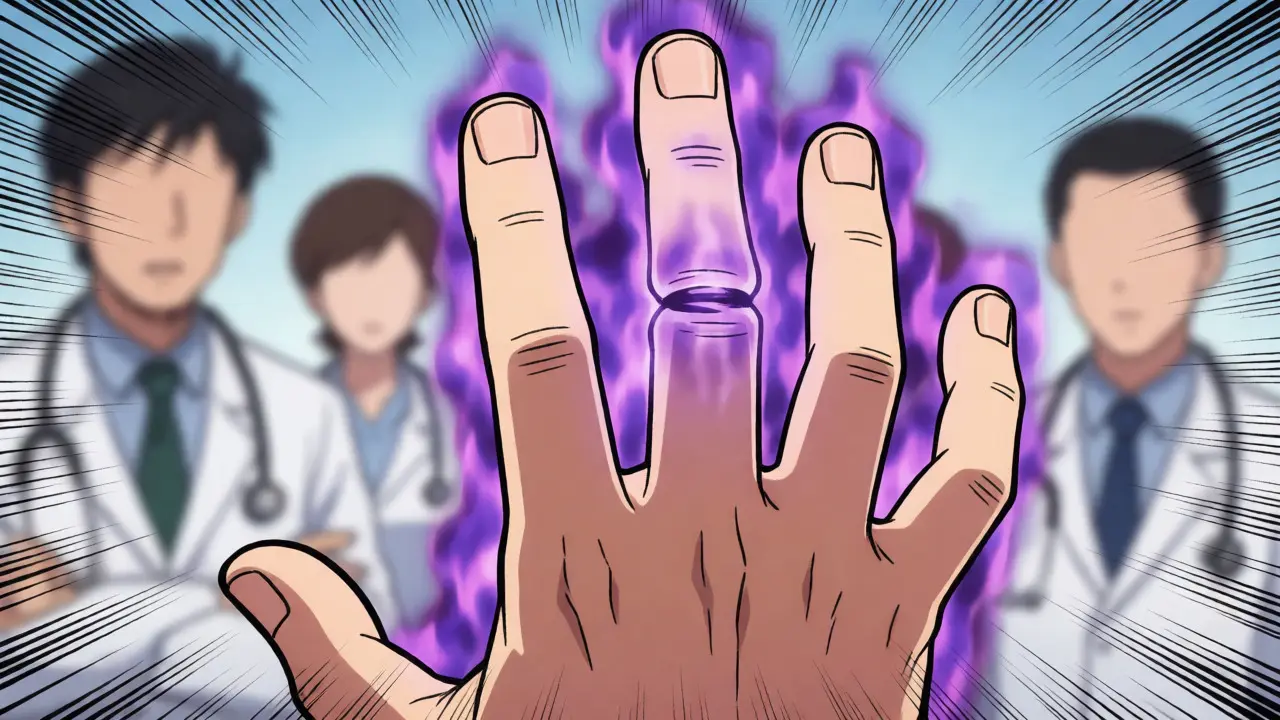 Close-up of swollen dactylitis finger with glowing purple inflammation aura
