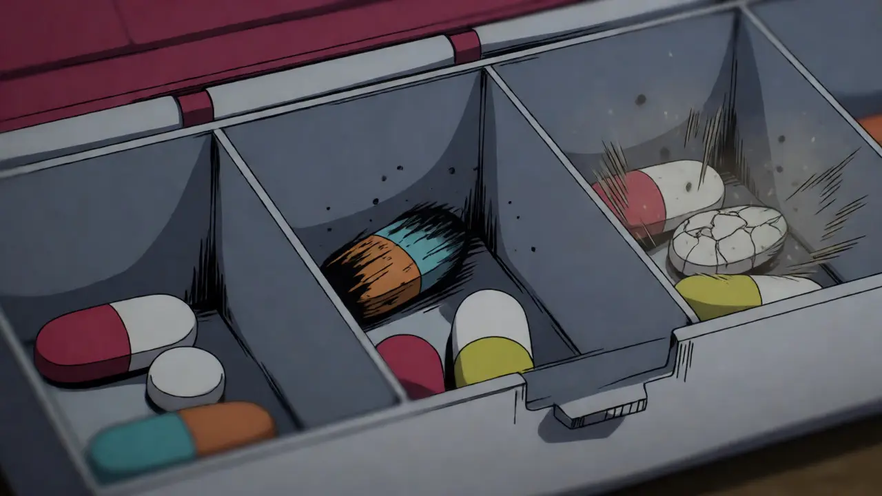 Pills in an organizer fighting off moisture and damage in anime style