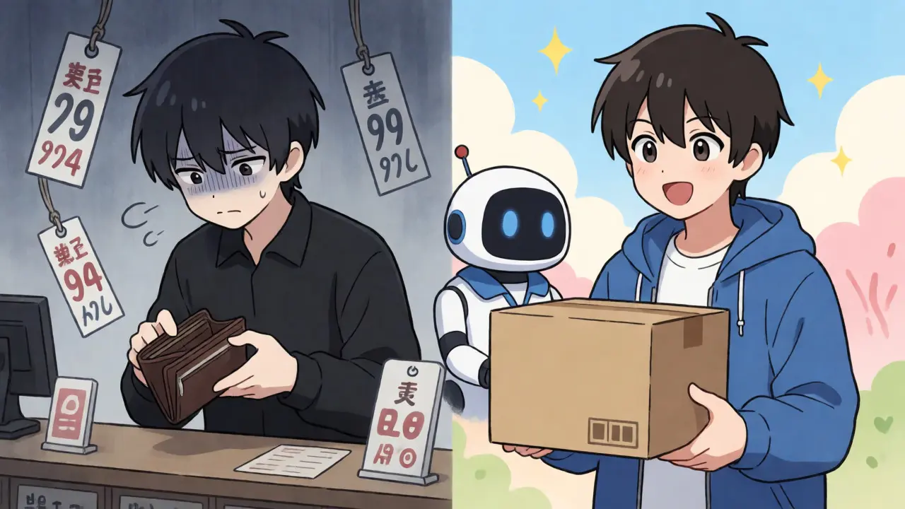 Split screen anime art comparing stressful retail shopping vs happy online delivery